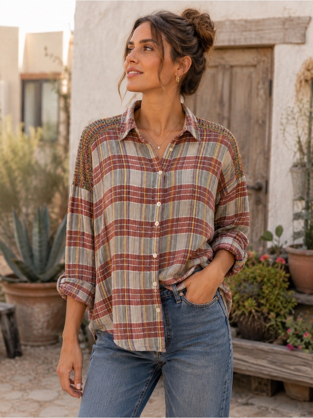Sundance Mixed Media Plaid Button Front Shirt Crochet Knit Yoke Size 6 Boho